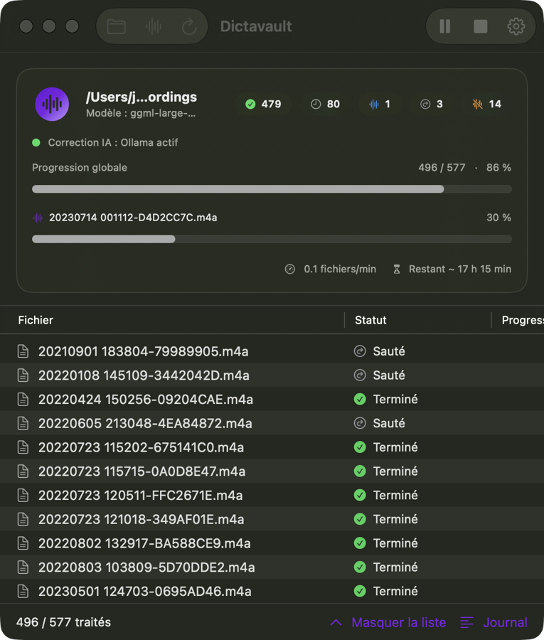 Fenêtre de Dictavault en train de transcrire un lot de mémos vocaux, avec la progression globale et le temps restant